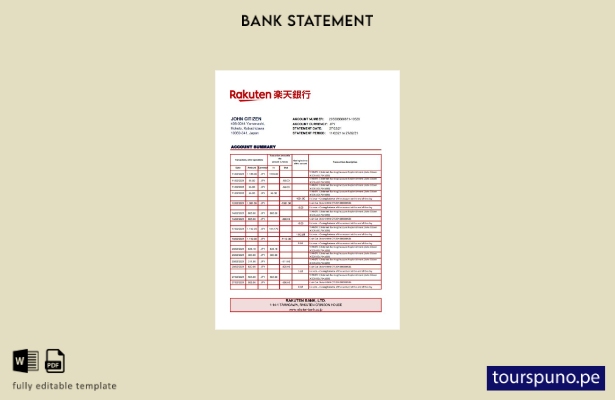 listo para imprimir plantilla de Excel de extracto bancario Rakuten de Japón